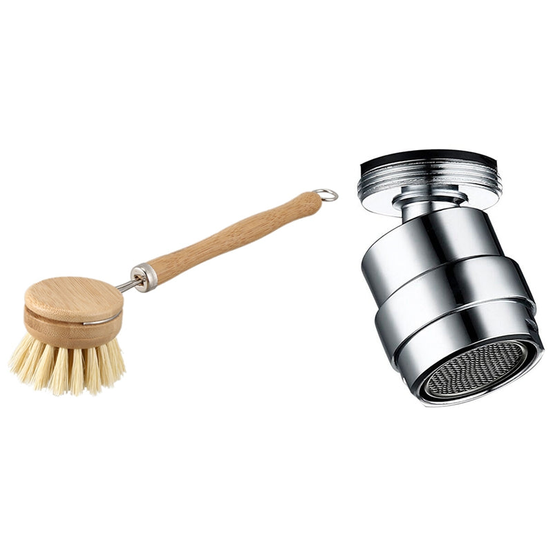 1 Pcs Wooden Long Handle Pan Pot Brush Cleaning Brush & 1 Pcs 360 Degree Faucet Aerator Water Bubbler Saving Tap