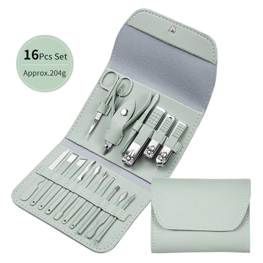 【Footprint】 Manicure Nail Clipper 16Pcs Set Stainless Steel Scissors Cuticle Utility Tools Grooming Kit With Case