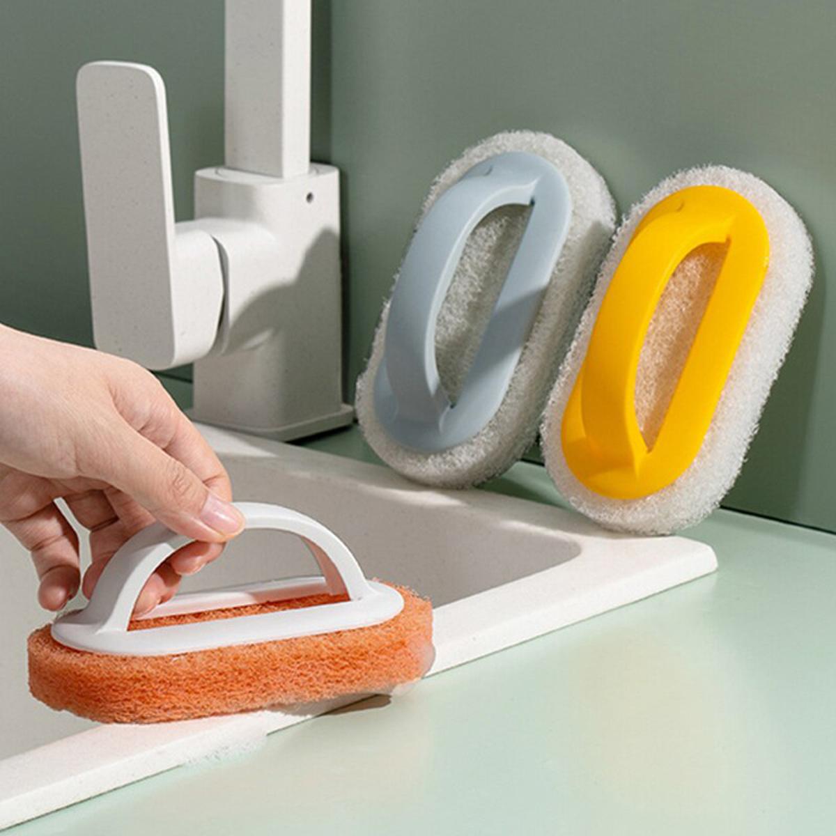 【FUN LIVE】 Multi-Function Handles Sponge Brush Kitchen Bathroom Cleaning Sponge Brush Plastic Handle Sponge Bath Bottom Home Kitchen Gadget