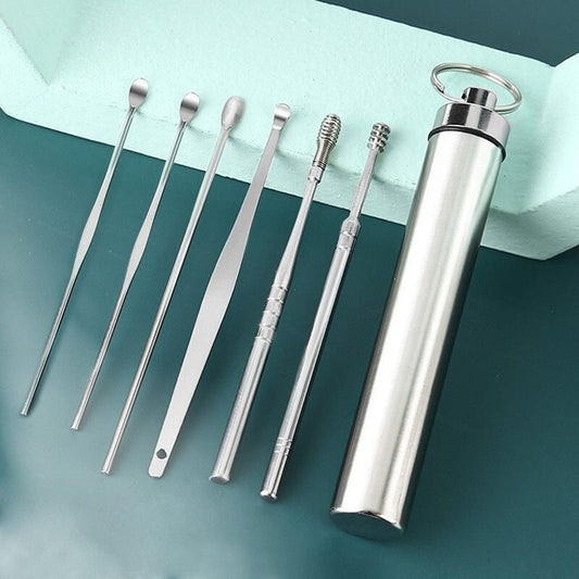 【HOT】 6Pcs/Set Ear Care Tools Stainless Steel Earwax Removal Tool Earpick Sticks Curette Spoon Ear Clean Personal Health Care