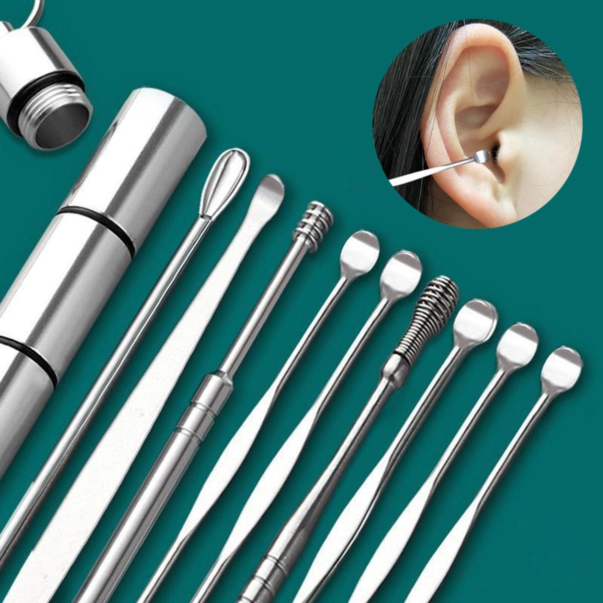 【HOT】 10/9Pcs/Set Ear Wax Pickers Stainless Steel Earpick Wax Remover Piercing Kit Earwax Curette Spoon Care Ear Clean Tool Easy Carry