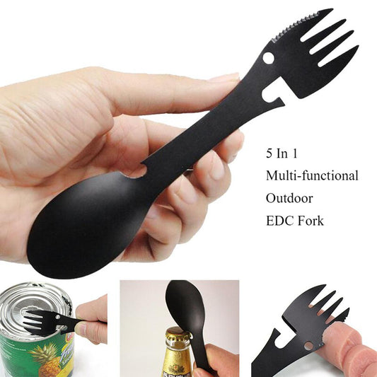 【HOT】 Outdoor Survival Tools 5 In 1 Camping Multi-Functional EDC Practical Kit Fork Knife Spoon Bottle/Can Opener