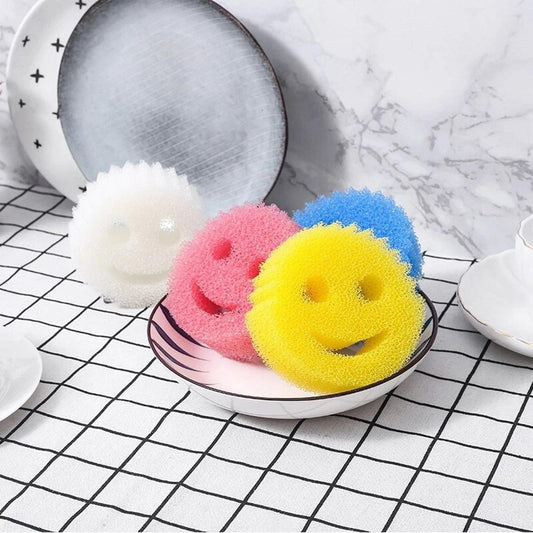 【FUN LIVE】 4 Pcs/Set Powerful Cleaning Magic Smiley Dishwashing Sponge Household Bathroom Kitchen Cleaning Gadget Wipe Strong Scouring Pads