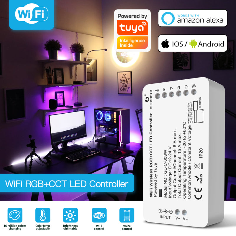 【ready stock/on sales】WiFi LED Controller RGBCCT Tuya Smart Life App Control for RGB Warm Cold White Dimmable Strip Light Smart wireless WiFi remote control (No Hub Required)